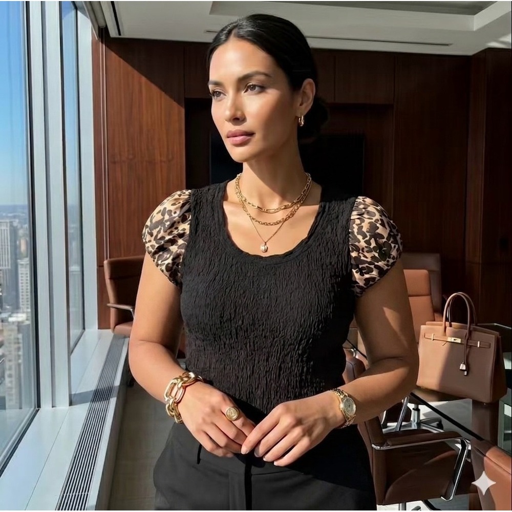 DKNY Wmn Black Textured Scoop Neck Top Leopard Print Puff Sleeve SzL‎ Mob Wife